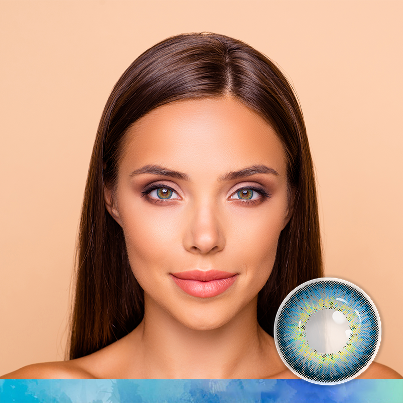 FlyDear Cosmo Blue colored contacts with natural looking model