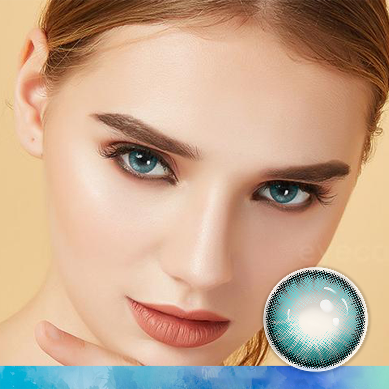 FlyDear Crystal Blue colored contacts with natural looking model