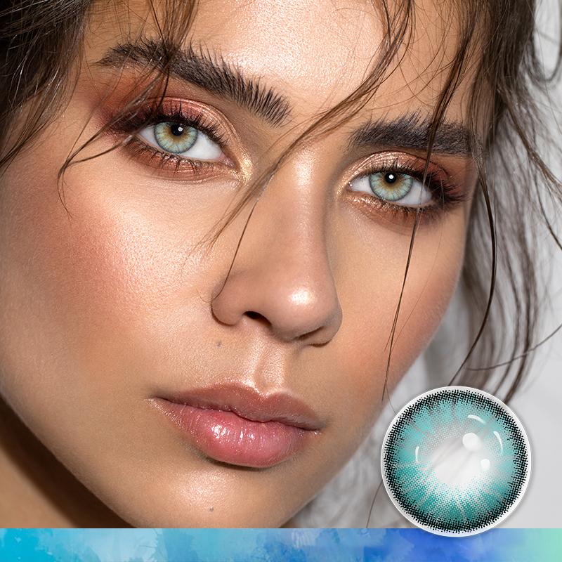 FlyDear Crystal Blue colored contacts with natural looking model