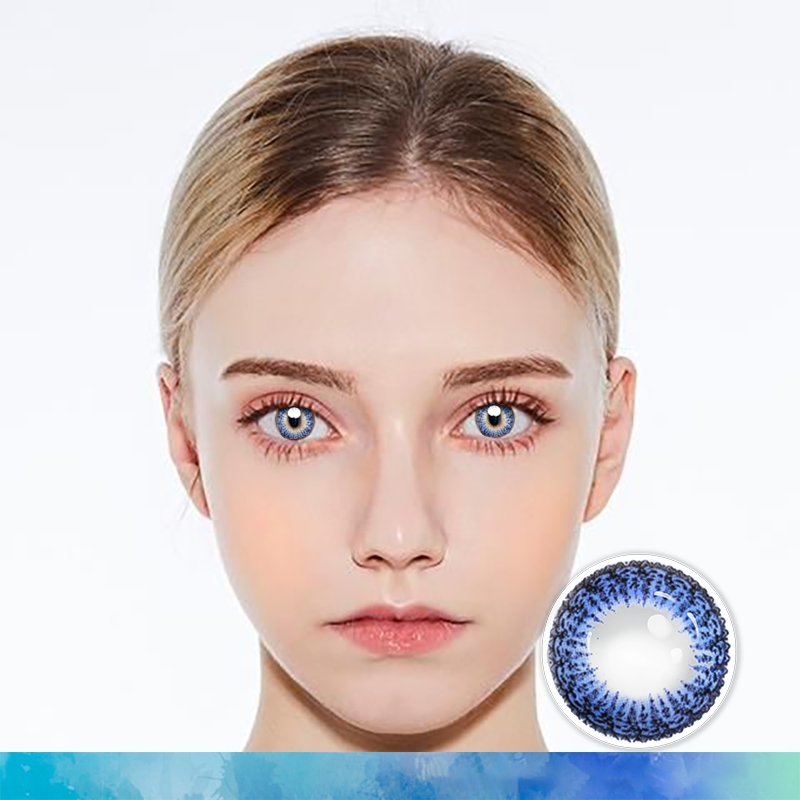 FlyDear Fresh Blue colored contacts with natural looking model