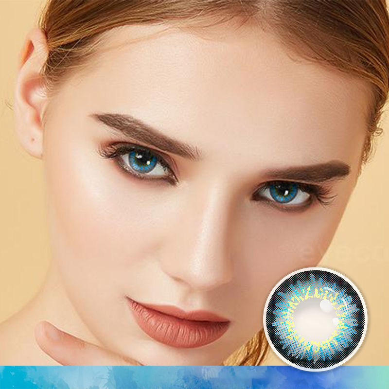 FlyDear Freshy Blue colored contacts with natural looking model