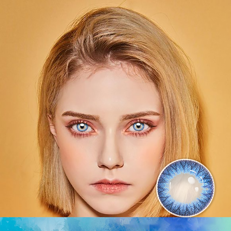 FlyDear Grace Blue colored contacts with natural looking model
