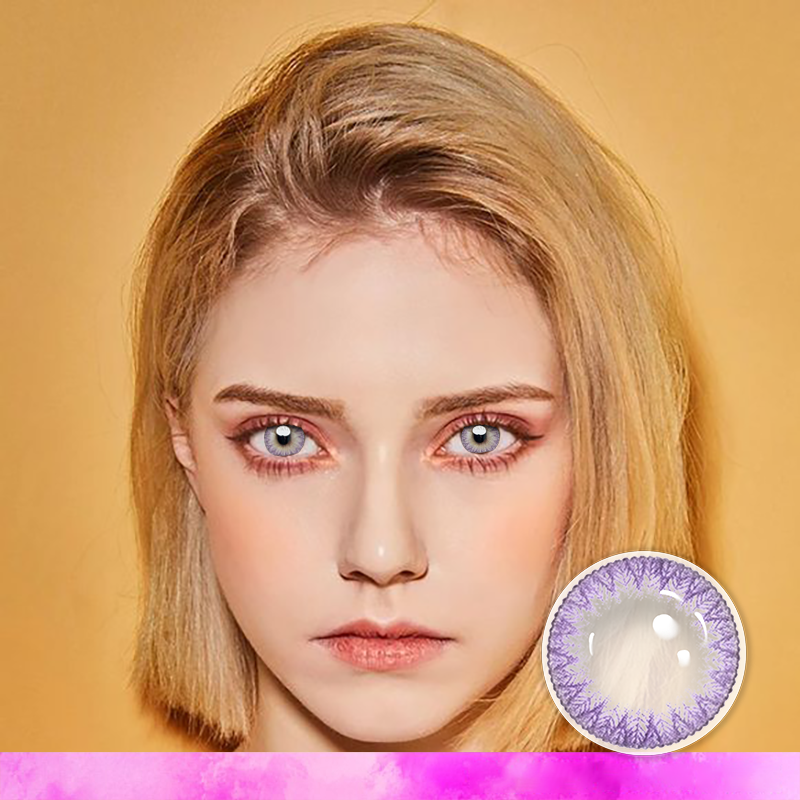 FlyDear Grace Violet colored contacts with natural looking model