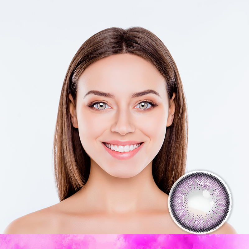 FlyDear Pury Violet colored contacts with natural looking model